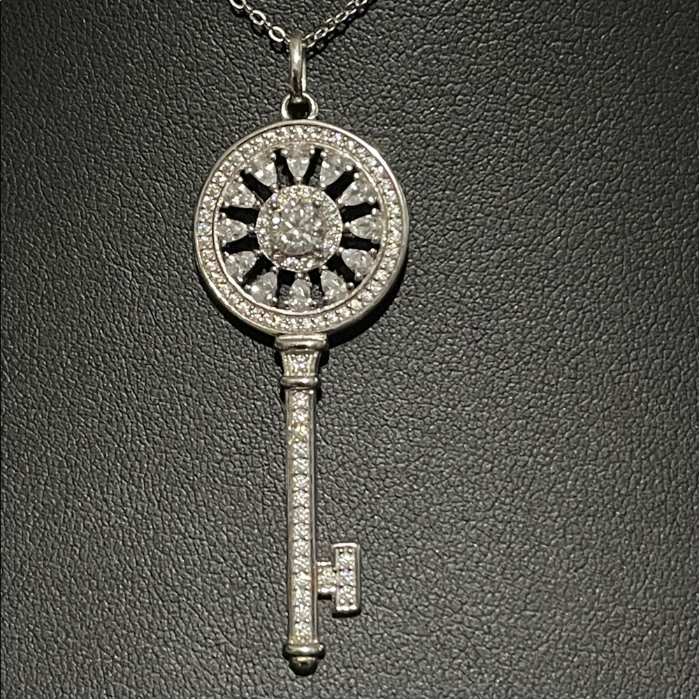 NWT Solid Silver 925 Key Pendant Moissanite and CZ Necklace 17” - Picture 3 of 10